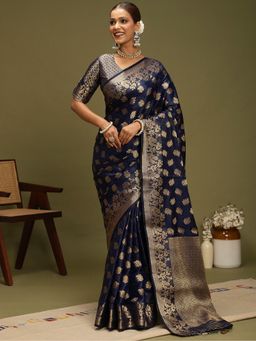 Akhilam - Satin Navy Blue Saree with Unstitched Blouse