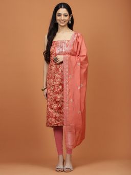 MEENA BAZAAR - Embroidered Pink Cotton Unstitched Dress Material