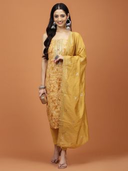 MEENA BAZAAR - Embroidered Mustard Cotton Unstitched Dress Material