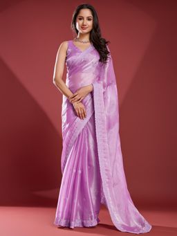 MEENA BAZAAR - Embroidered Purple Saree with Unstitched Blouse