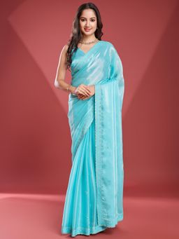 MEENA BAZAAR - Embroidered Green Saree with Unstitched Blouse