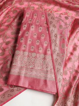 MEENA BAZAAR - Floral Pink Chanderi Unstitched Dress Material