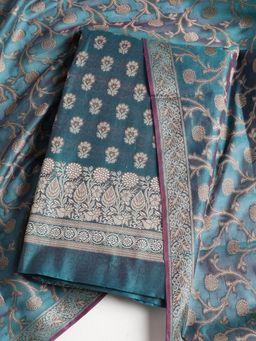 MEENA BAZAAR - Floral Green Chanderi Unstitched Dress Material