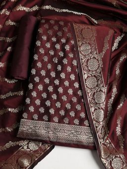 MEENA BAZAAR - Floral Wine Chanderi Unstitched Dress Material