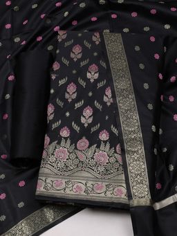 MEENA BAZAAR - Floral Black Chanderi Unstitched Dress Material