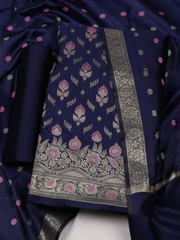 MEENA BAZAAR - Floral Blue Chanderi Unstitched Dress Material