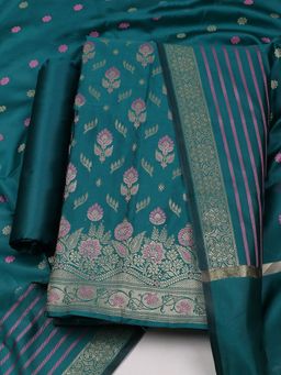 MEENA BAZAAR - Floral Green Chanderi Unstitched Dress Material