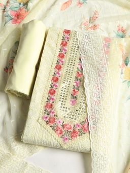 MEENA BAZAAR - Embroidered Cream Georgette Unstitched Dress Material