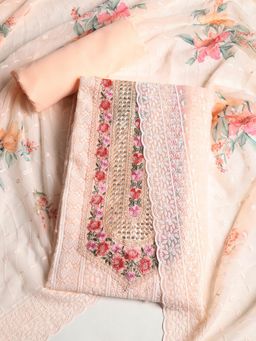 MEENA BAZAAR - Embroidered Peach Georgette Unstitched Dress Material