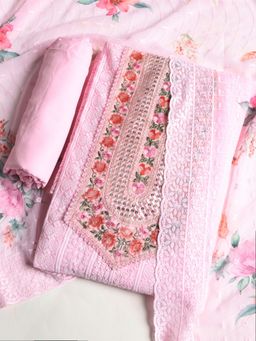 MEENA BAZAAR - Embroidered Pink Georgette Unstitched Dress Material