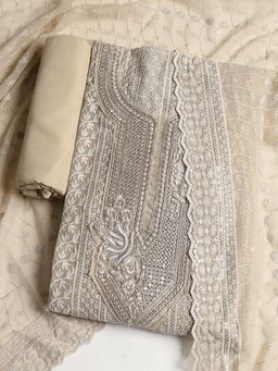 MEENA BAZAAR - Embroidered Beige Georgette Unstitched Dress Material