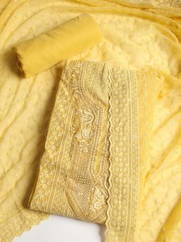 MEENA BAZAAR - Embroidered Mustard Georgette Unstitched Dress Material