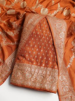 MEENA BAZAAR - Embroidered Orange Art Silk Unstitched Dress Material