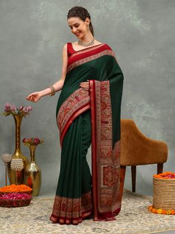 MEENA BAZAAR - Solid Green Art Silk Saree with Unstitched Blouse