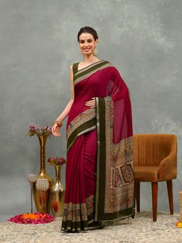MEENA BAZAAR - Solid Magenta Art Silk Saree with Unstitched Blouse