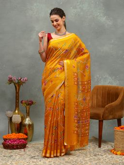 MEENA BAZAAR - Woven Mustard Cotton Saree with Unstitched Blouse