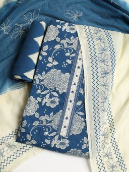 MEENA BAZAAR - Floral Blue Cotton Unstitched Dress Material