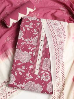 MEENA BAZAAR - Floral Magenta Cotton Unstitched Dress Material