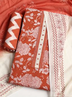 MEENA BAZAAR - Floral Orange Cotton Unstitched Dress Material