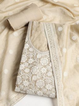 MEENA BAZAAR - Floral Beige Chanderi Unstitched Dress Material