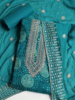 MEENA BAZAAR - Embroidered Blue Cotton Unstitched Dress Material