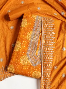 MEENA BAZAAR - Embroidered Orange Cotton Unstitched Dress Material