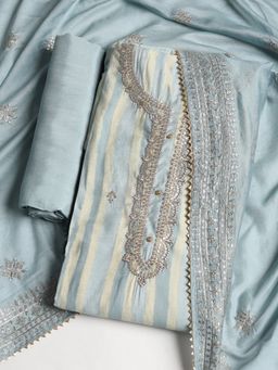 MEENA BAZAAR - Embroidered Grey Chanderi Unstitched Dress Material