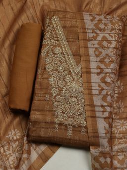 MEENA BAZAAR - Embroidered Beige Chanderi Unstitched Dress Material