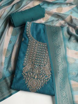 MEENA BAZAAR - Embroidered Green Chanderi Unstitched Dress Material