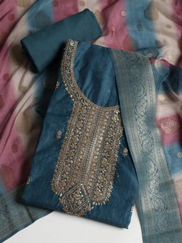 MEENA BAZAAR - Embroidered Blue Chanderi Unstitched Dress Material