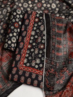 MEENA BAZAAR - Floral Black Cotton Unstitched Dress Material