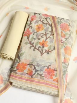 MEENA BAZAAR - Floral Cream Chanderi Unstitched Dress Material