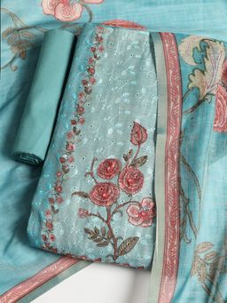 MEENA BAZAAR - Embroidered Blue Chanderi Unstitched Dress Material