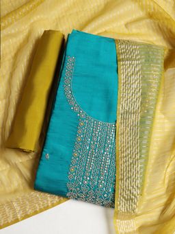 MEENA BAZAAR - Embroidered Green Chanderi Unstitched Dress Material