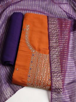MEENA BAZAAR - Embroidered Orange Chanderi Unstitched Dress Material