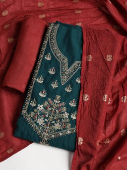 MEENA BAZAAR - Embroidered Green Cotton Unstitched Dress Material