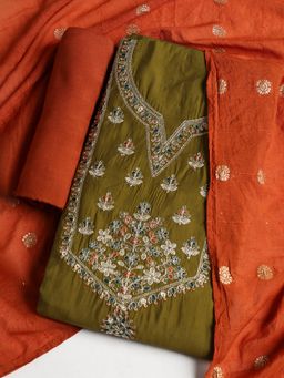 MEENA BAZAAR - Embroidered Green Cotton Unstitched Dress Material