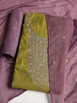 MEENA BAZAAR - Embroidered Green Cotton Unstitched Dress Material