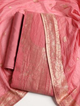 MEENA BAZAAR - Floral Pink Chanderi Unstitched Dress Material