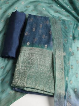 MEENA BAZAAR - Floral Blue Chanderi Unstitched Dress Material