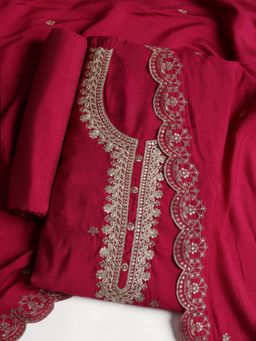 MEENA BAZAAR - Embroidered Wine Chanderi Unstitched Dress Material