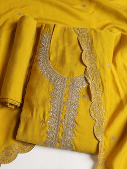 MEENA BAZAAR - Embroidered Yellow Chanderi Unstitched Dress Material
