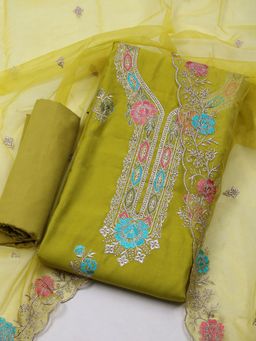 MEENA BAZAAR - Embroidered Green Chanderi Unstitched Dress Material