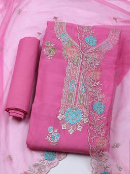 MEENA BAZAAR - Embroidered Pink Chanderi Unstitched Dress Material