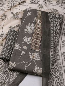 MEENA BAZAAR - Floral Grey Cotton Unstitched Dress Material