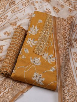 MEENA BAZAAR - Floral Mustard Cotton Unstitched Dress Material