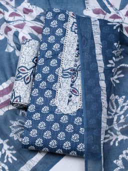 MEENA BAZAAR - Floral Blue Cotton Unstitched Dress Material