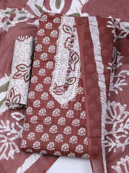 MEENA BAZAAR - Floral Brown Cotton Unstitched Dress Material