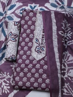 MEENA BAZAAR - Floral Purple Cotton Unstitched Dress Material