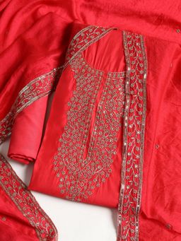 MEENA BAZAAR - Embroidered Pink Chanderi Unstitched Dress Material